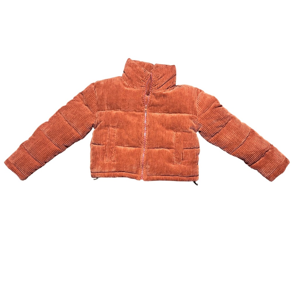 7 For All Mankind XS Corduroy Puffer Jacket Crop Full Zip‎ High Neck Rust Orange